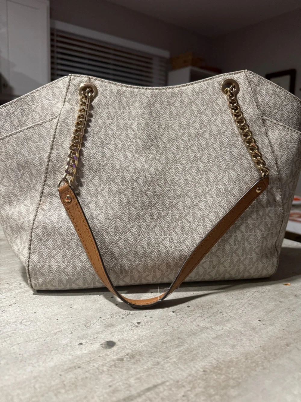 Michael Kors Beige Cream Signature Logo Tote with Gold Chain Handles